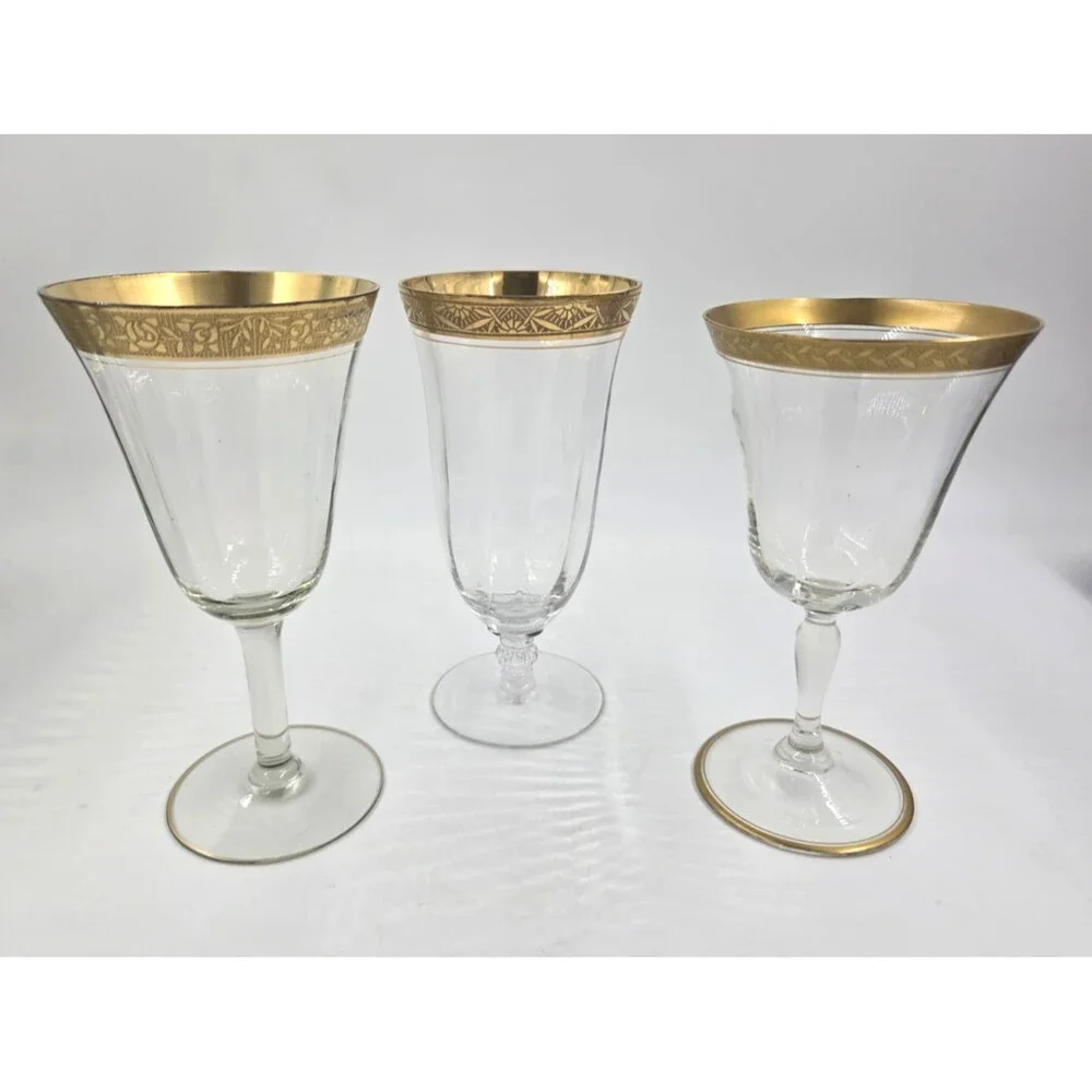 Vintage MCM Set 3 Tiffin Franciscan Minton Optic Wine Water Glass 24K Gold Trim